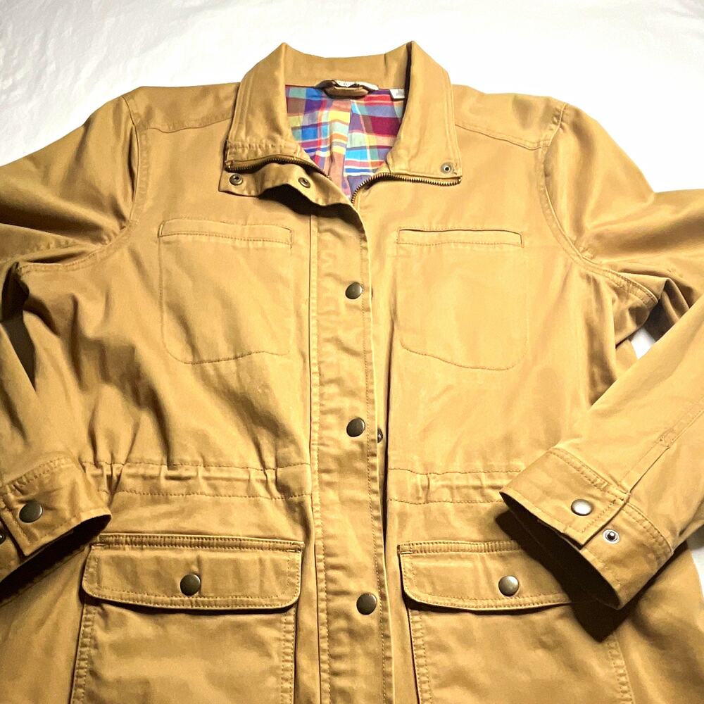 L.L.Bean Women's Tan Field Jacket Snap/Zip Plaid Lined w/ Pockets Size L